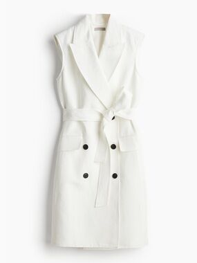 H&M White Sleeveless Buttoned & Belted Midi Dress